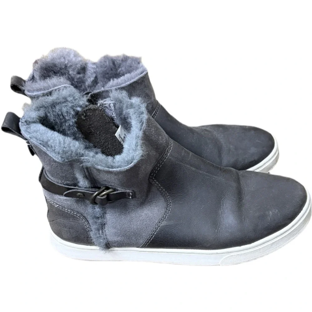 OLUKAI  WOOL SHEARLING LINED ANKLE BOOTIE BOOTS PEHUEA HULU SIZE 7 Black & Grey